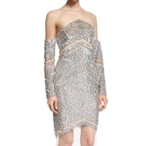 PAMELLA ROLAND Raised Crystal Long-Sleeve Cocktail Dress, Silver